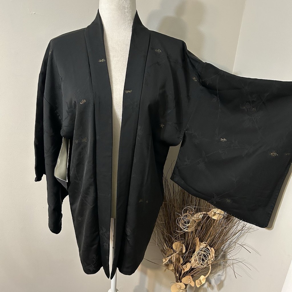 Vtg Japanese Kimono Haori Silk Jacket Black Family Crest Gold Floral Lined